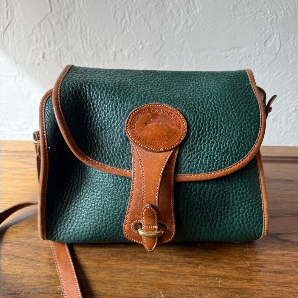 Vintage Dooney & Bourke Green and Brown Leather Crossbody Bag